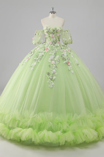 Princesse Robe de bal en tulle vert citron Robe longue Quinceanera avec appliques